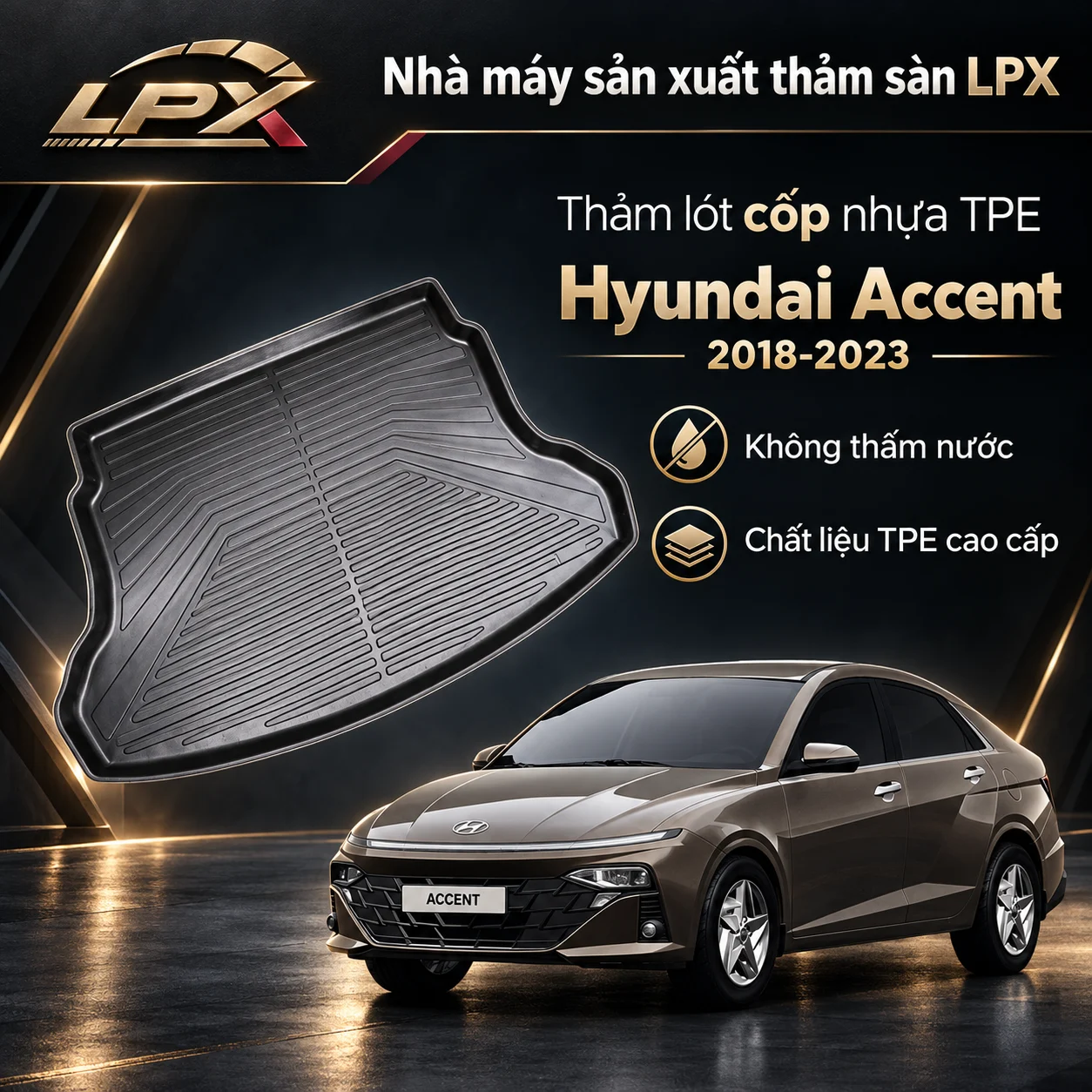 Thảm lót cốp ô tô nhựa TPE Hyundai Accent (2018-2023) đúc 3D chống nước - LPX