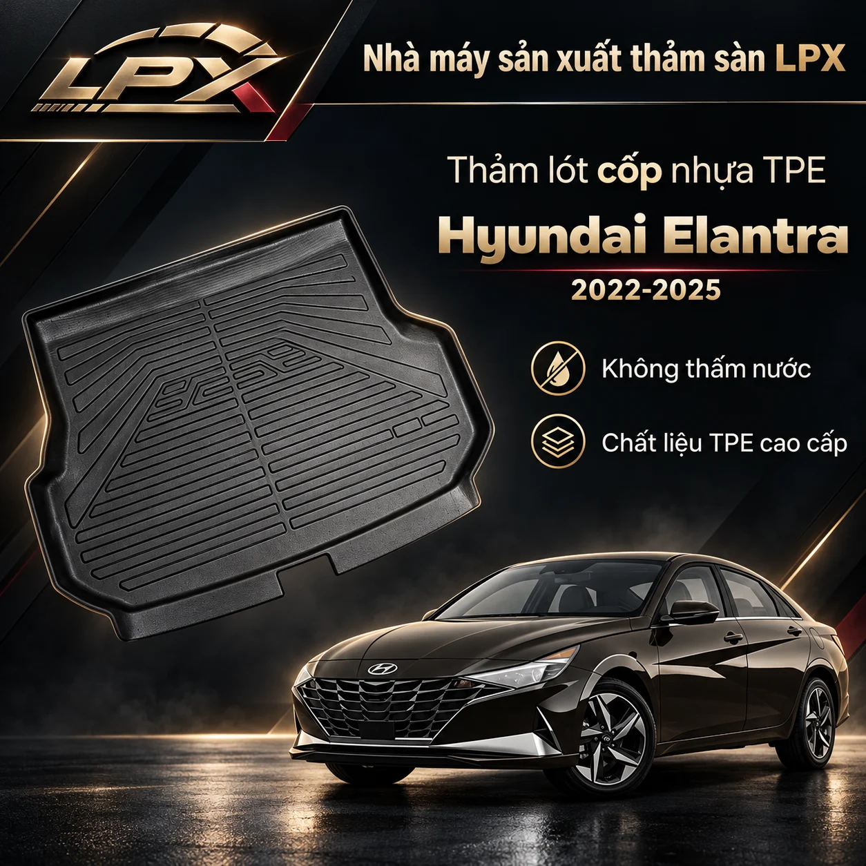 Thảm lót cốp ô tô nhựa TPE Hyundai Elantra (2022-2025) đúc 3D chống nước - LPX
