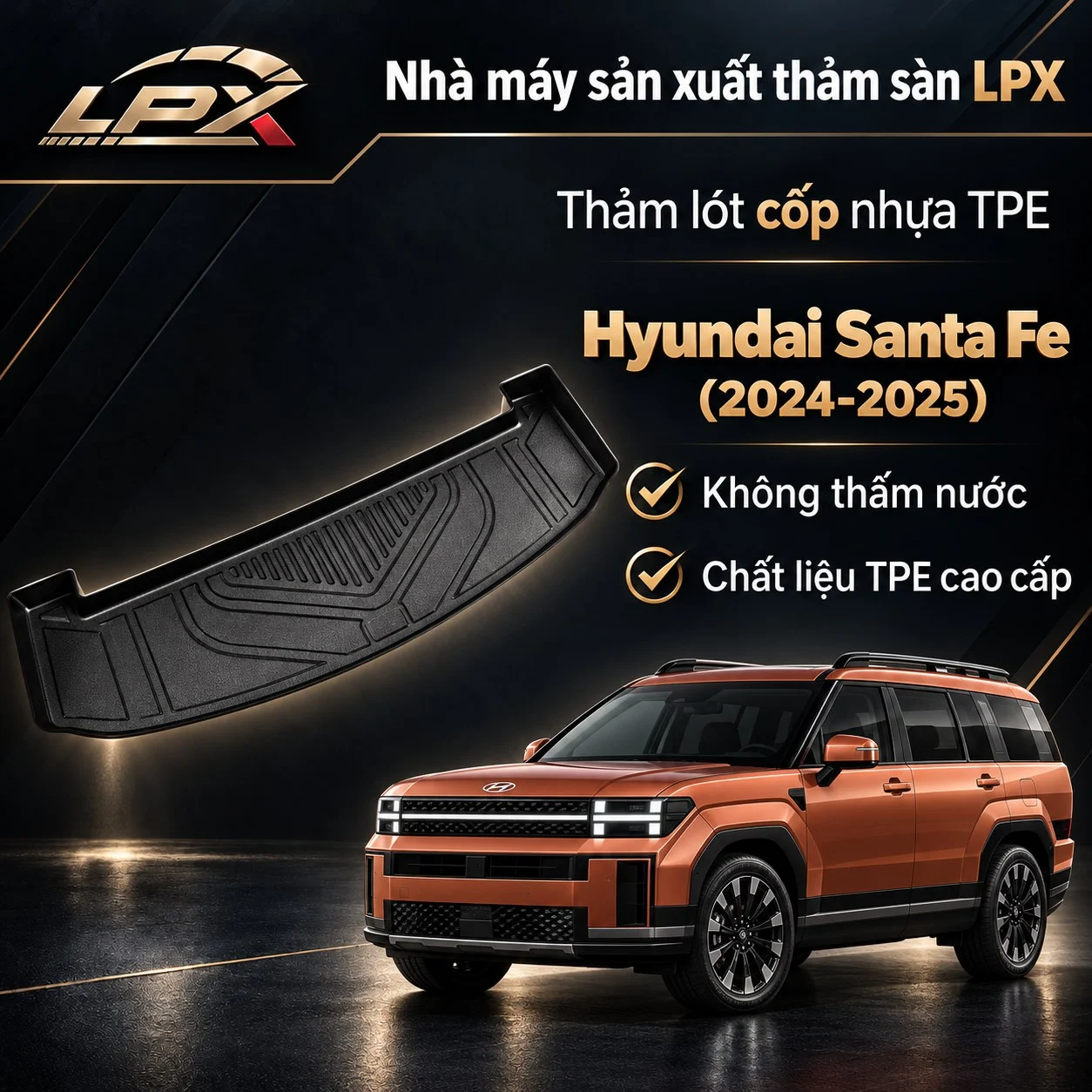 Thảm lót cốp ô tô nhựa TPE Hyundai Santa Fe (2024-2025) đúc 3D chống nước - LPX
