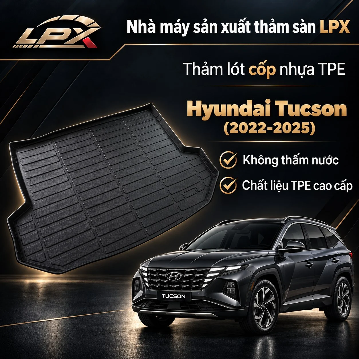 Thảm lót cốp ô tô nhựa TPE Hyundai Tucson (2022-2025) đúc 3D chống nước - LPX