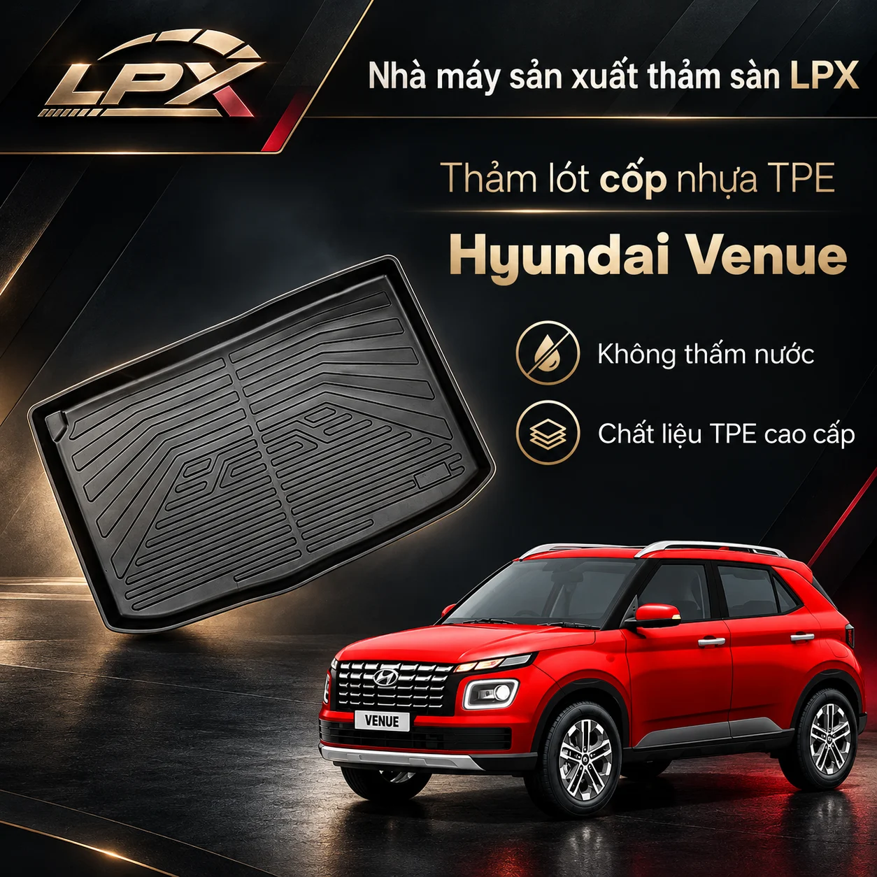 Thảm lót cốp ô tô nhựa TPE Hyundai Venue (2023-2025) đúc 3D chống nước - LPX