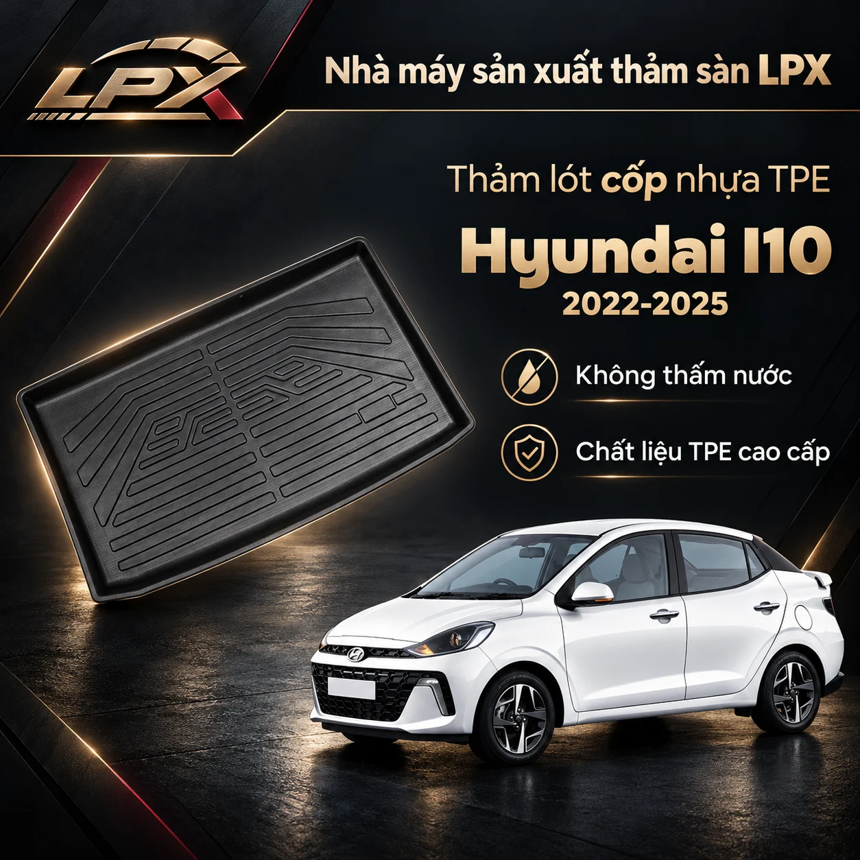 Thảm lót cốp ô tô TPE Hyundai i10 (2022-2025) chính hãng LPX Thảm lót cốp ô tô nhựa TPE Hyundai i10 (2022-2025) đúc 3D chống nước - LPX