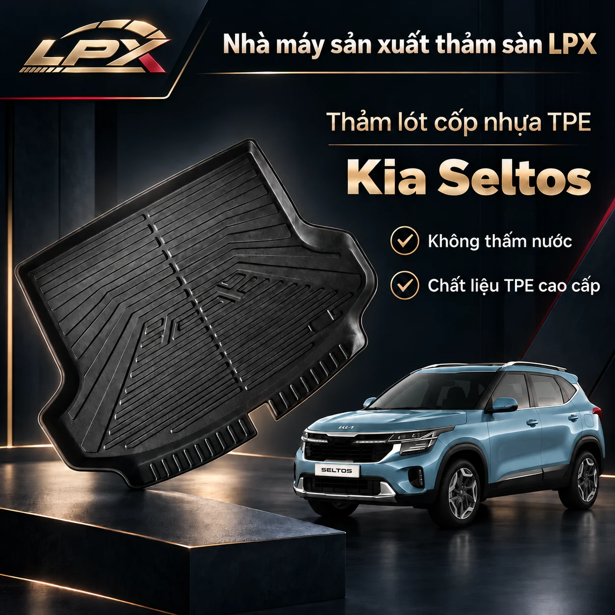 Thảm lót cốp ô tô TPE Kia Seltos (2022-2025) chính hãng LPX Thảm lót cốp ô tô nhựa TPE Kia Seltos (2022-2025) đúc 3D chống nước - LPX