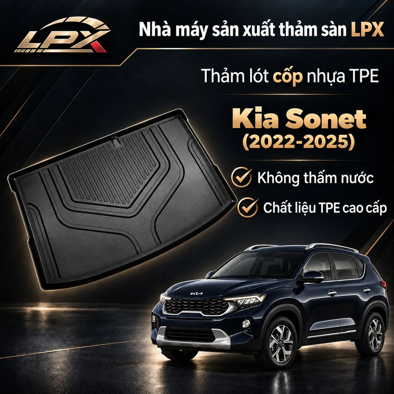 Thảm lót cốp ô tô nhựa TPE Kia Sonet (2022-2025) đúc 3D chống nước - LPX
