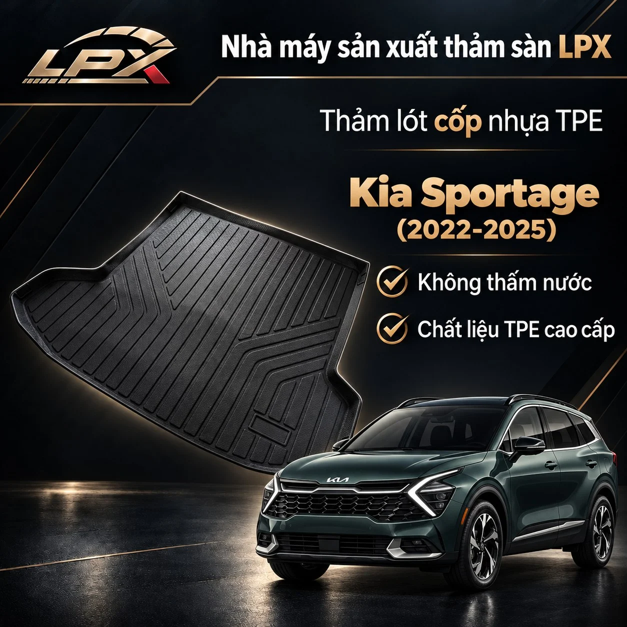 Thảm lót cốp ô tô nhựa TPE Kia Sportage (2022-2025) đúc 3D chống nước - LPX