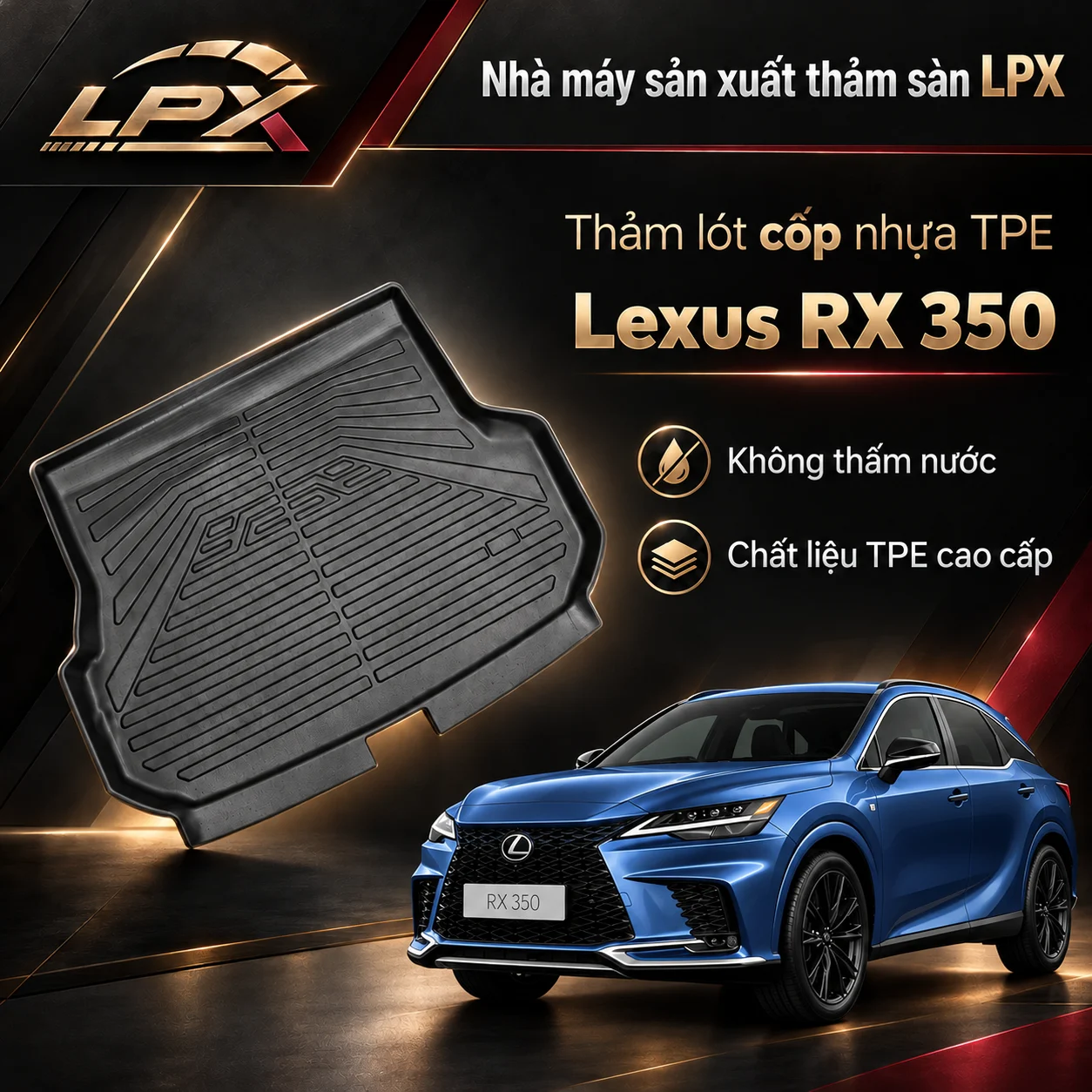 Thảm lót cốp ô tô nhựa TPE Lexus RX 350 (2016-2022) đúc 3D chống nước - LPX