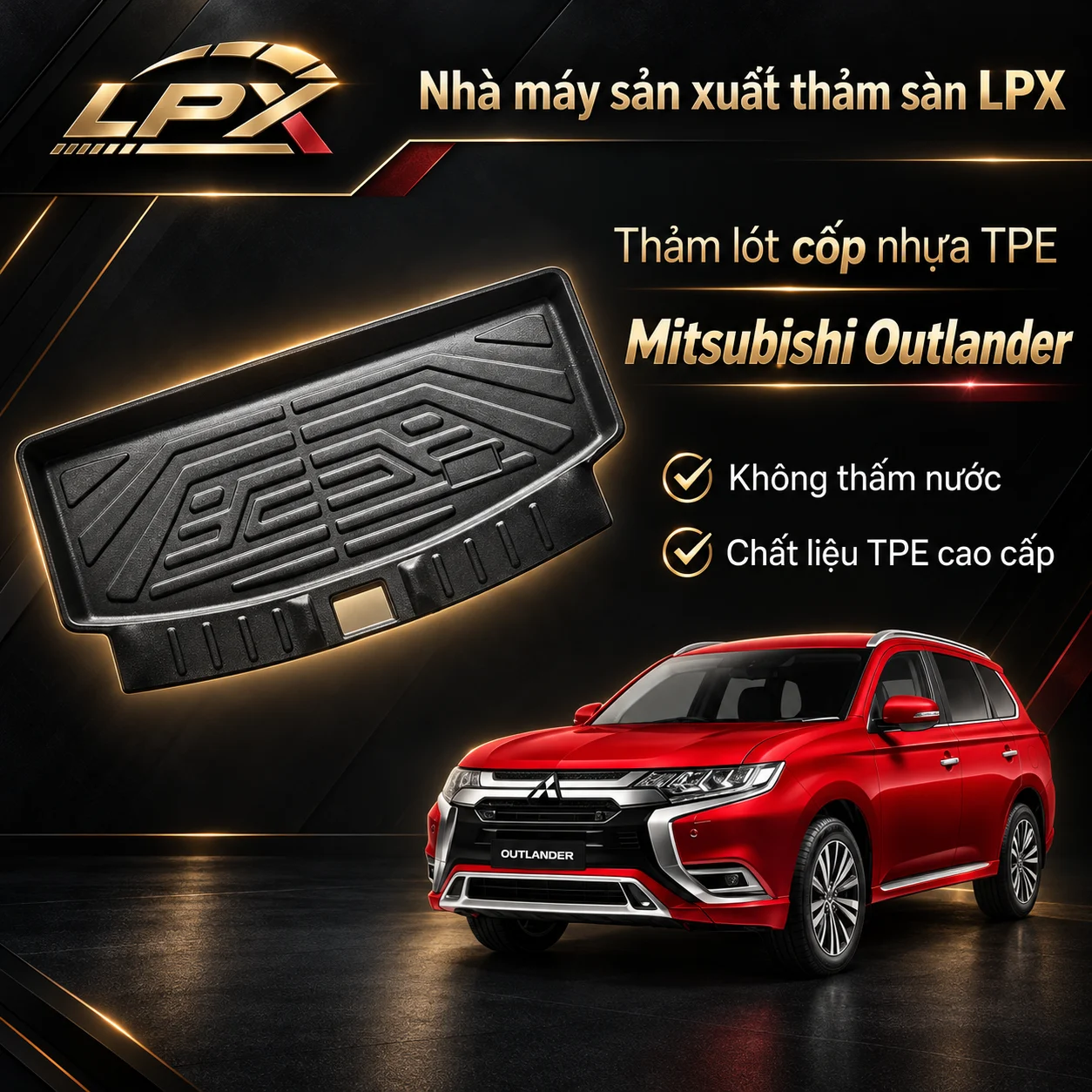 Thảm lót cốp ô tô nhựa TPE Mitsubishi Outlander (2018-2025) đúc 3D chống nước - LPX