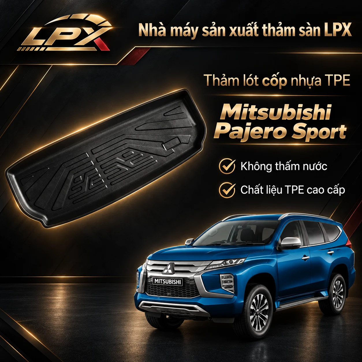 Thảm lót cốp ô tô nhựa TPE Mitsubishi Pajero Sport (2018-2025) đúc 3D chống nước - LPX
