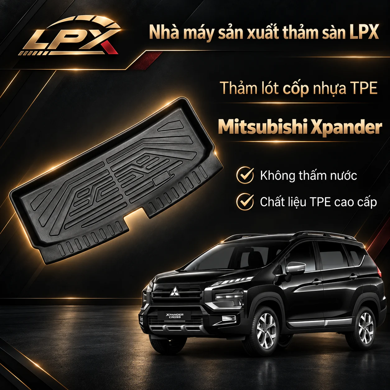 Thảm lót cốp ô tô TPE Mitsubishi Xpander chính hãng LPX Thảm lót cốp ô tô nhựa TPE Mitsubishi Xpander đúc 3D chống nước - LPX