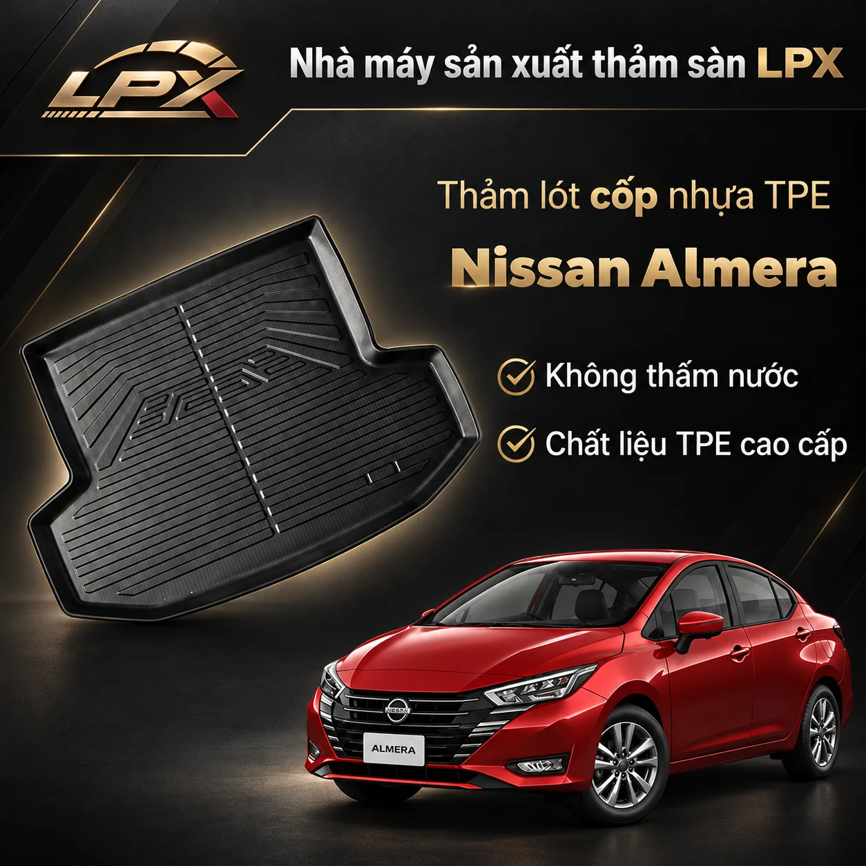 Thảm lót cốp ô tô nhựa TPE Nissan Almera đúc 3D chống nước - LPX