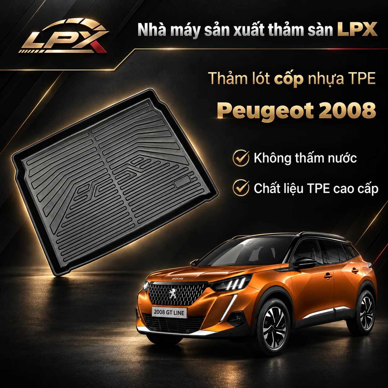 Thảm lót cốp ô tô nhựa TPE Peugeot 2008 (2018-2025) đúc 3D chống nước - LPX