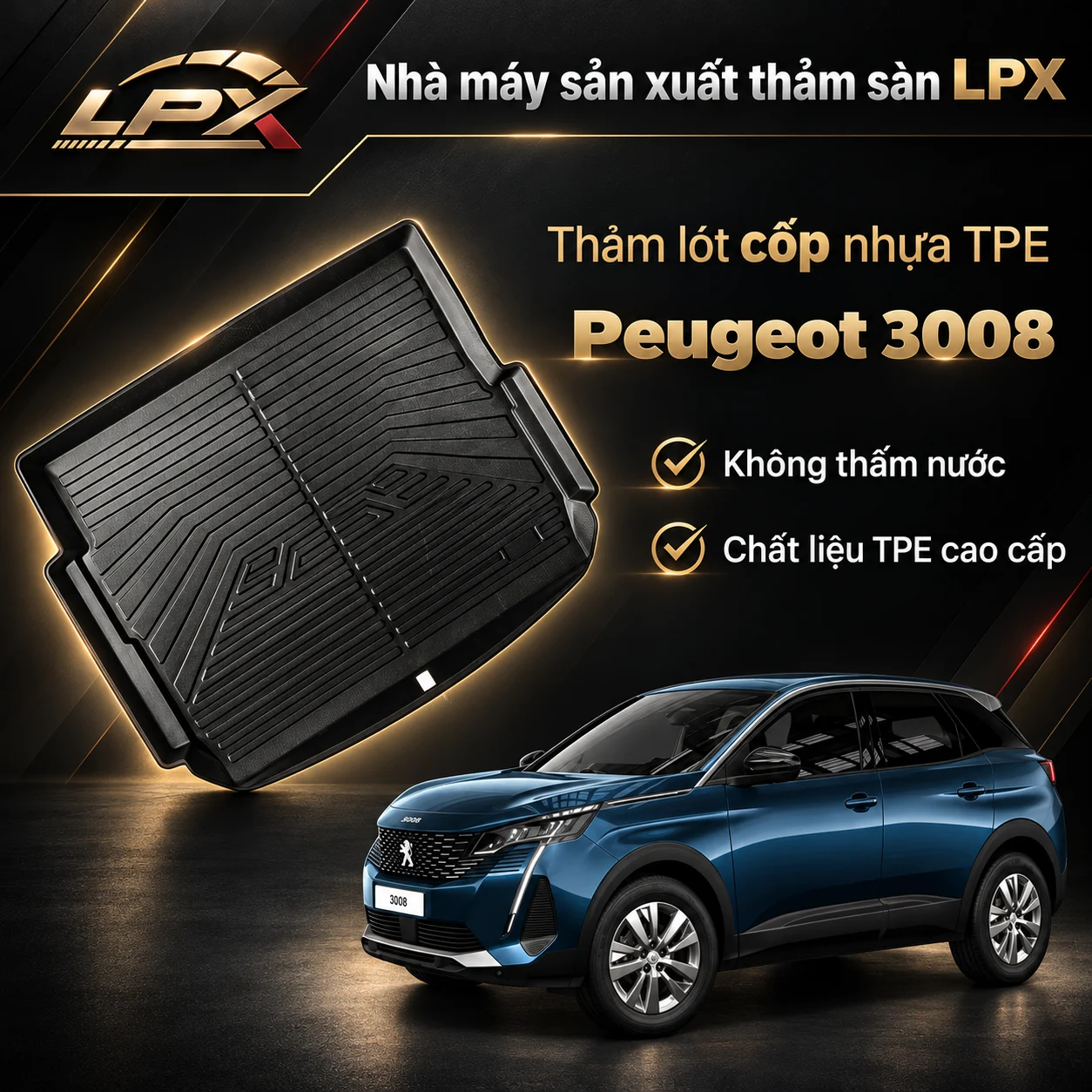 Thảm lót cốp ô tô nhựa TPE Peugeot 3008 (2018-2025) đúc 3D chống nước - LPX