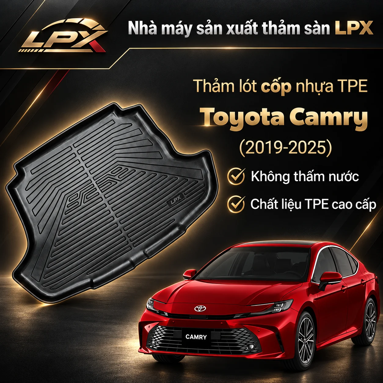 Thảm lót cốp ô tô nhựa TPE Toyota Camry (2019-2025) đúc 3D chống nước - LPX