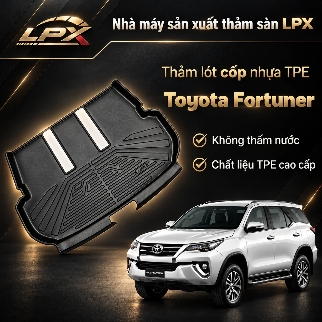 Thảm lót cốp ô tô nhựa TPE Toyota Fortuner (2008-2025) đúc 3D chống nước - LPX