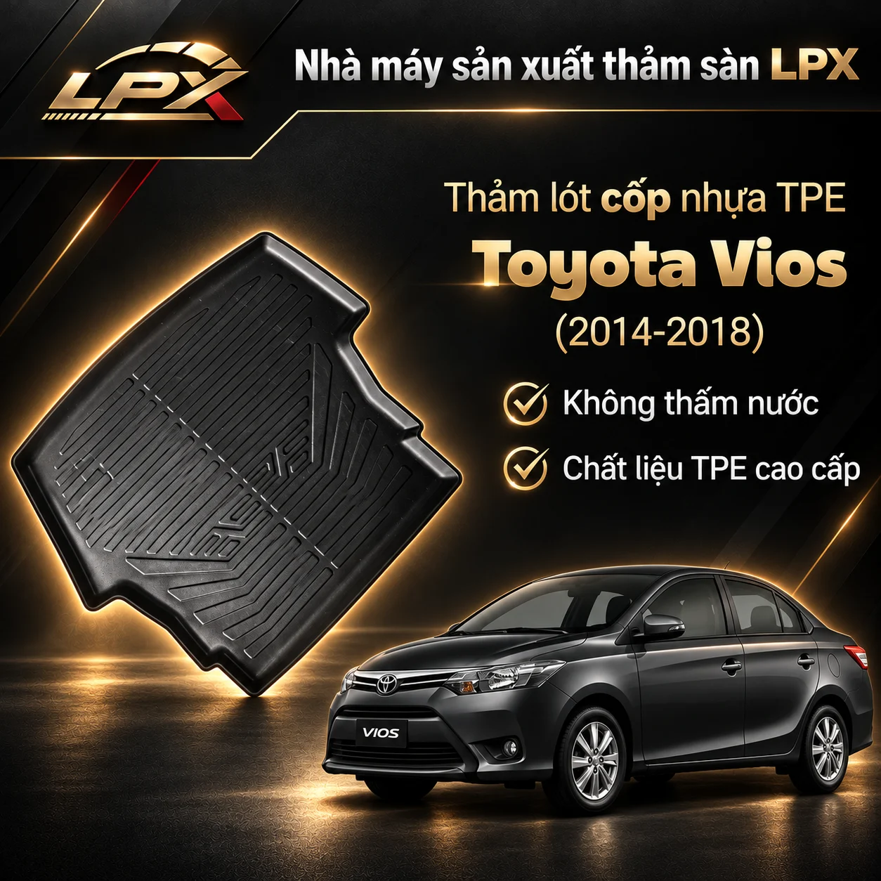 Thảm lót cốp ô tô nhựa TPE Toyota Vios (2014-2018) đúc 3D chống nước - LPX
