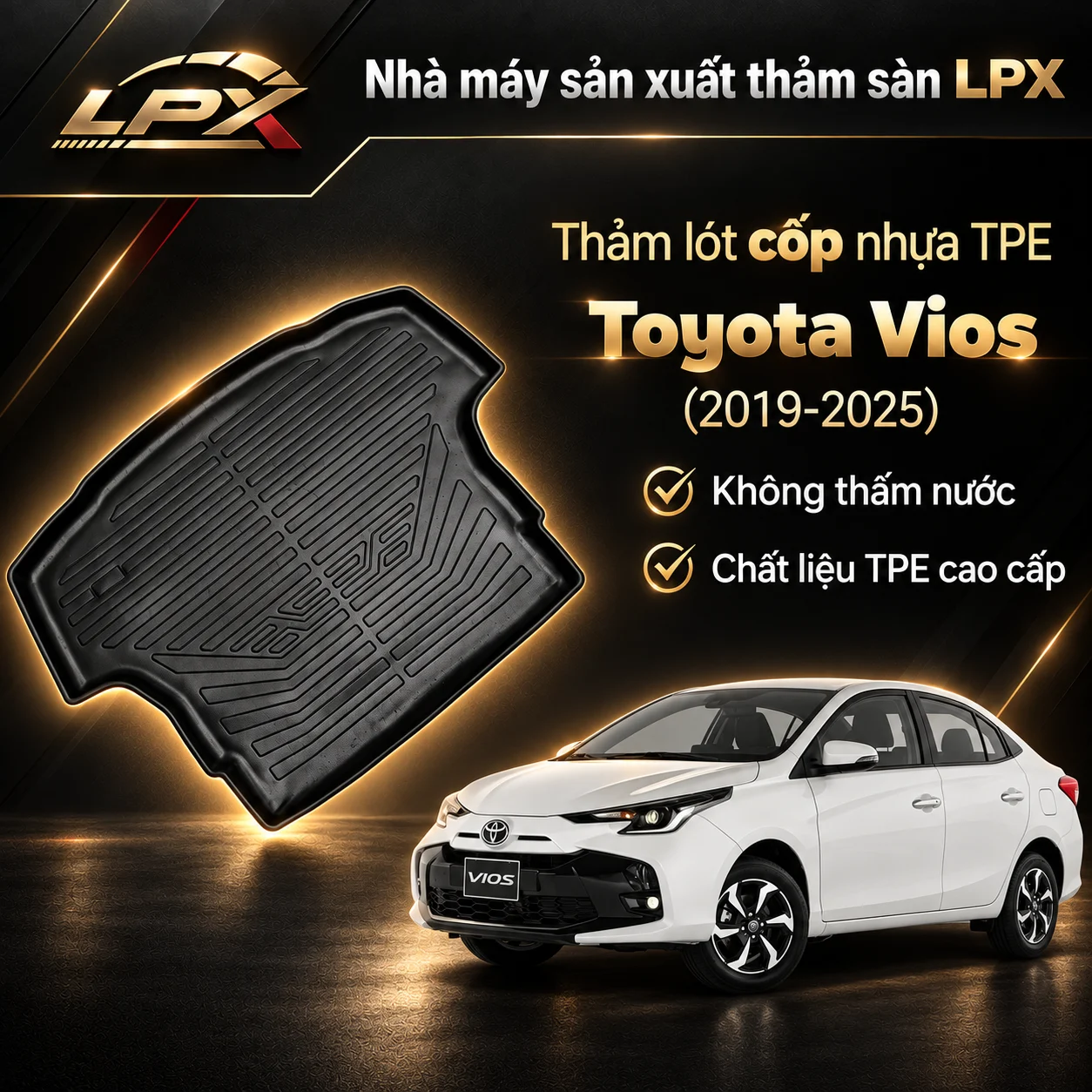 Thảm lót cốp ô tô TPE Toyota Vios (2019-2025) chính hãng LPX Thảm lót cốp ô tô nhựa TPE Toyota Vios (2019-2025) đúc 3D chống nước - LPX