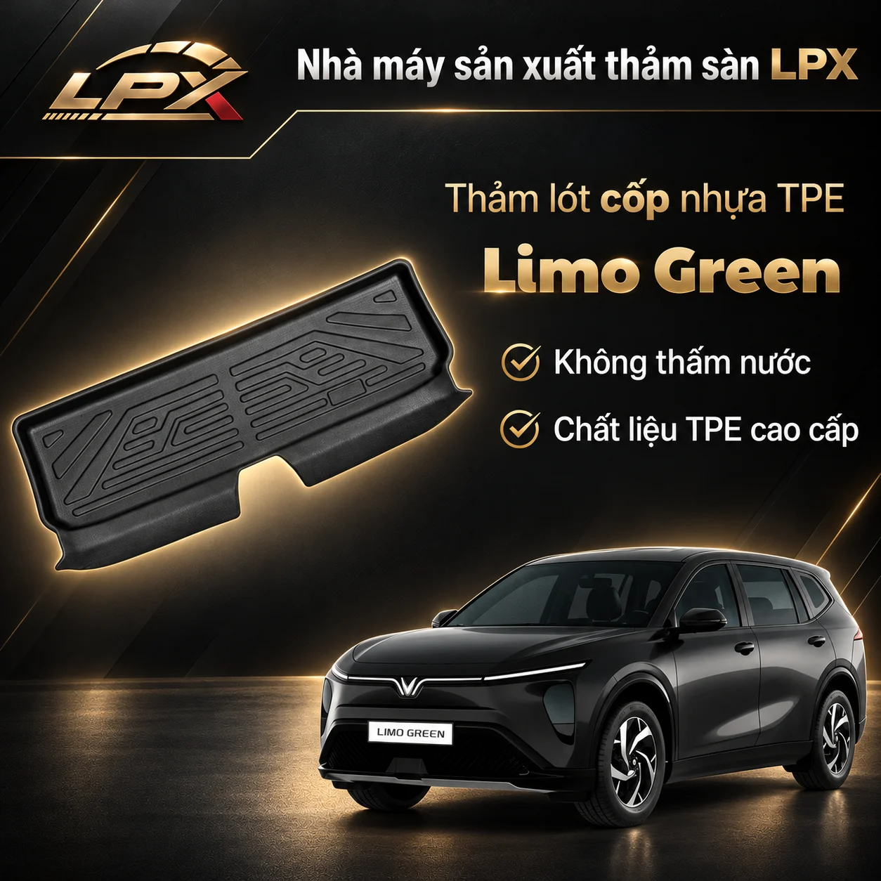 Thảm lót cốp ô tô nhựa TPE VinFast Limo Green đúc 3D chống nước - LPX