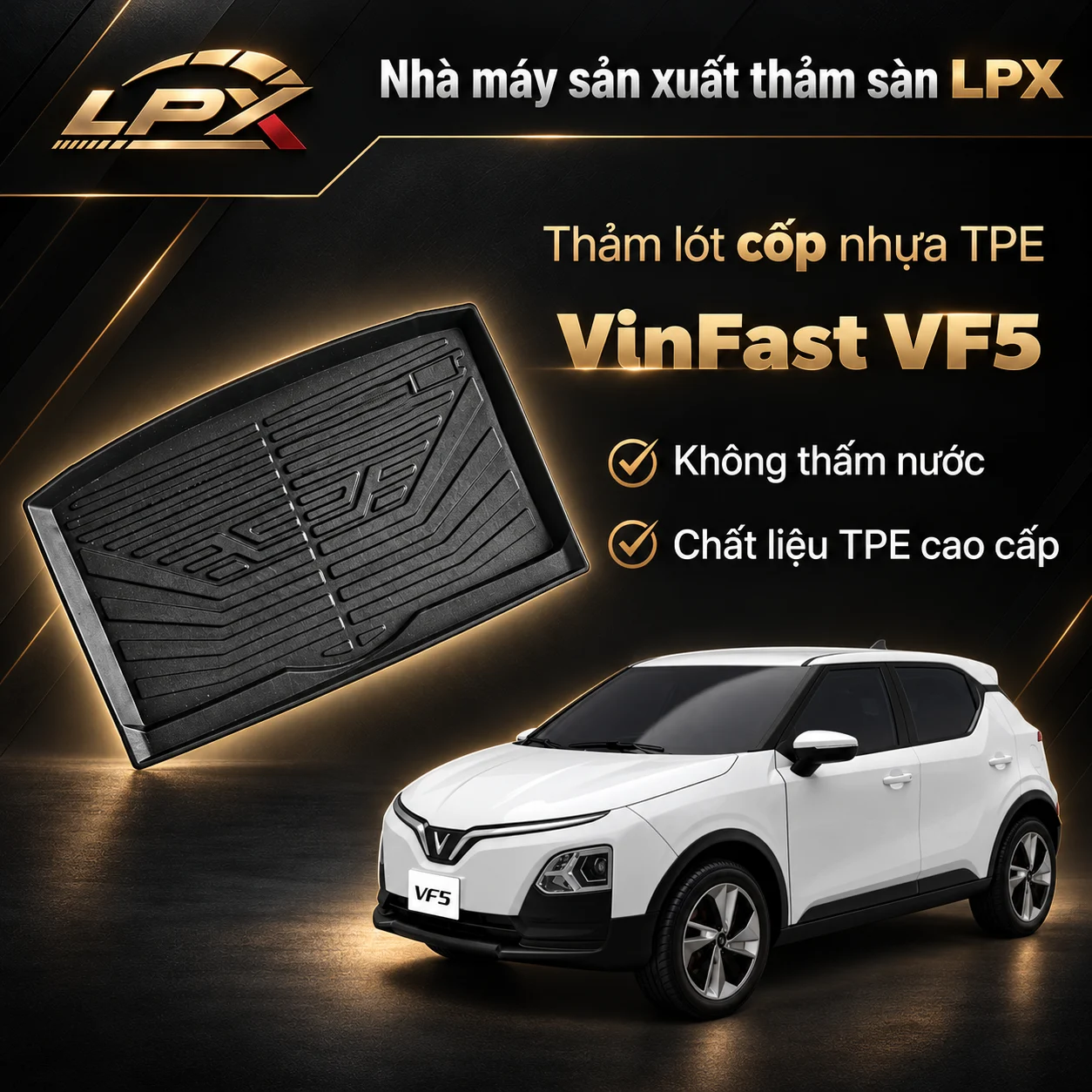 Thảm lót cốp ô tô TPE VinFast VF5 chính hãng LPX Thảm lót cốp ô tô nhựa TPE VinFast VF5 đúc 3D chống nước - LPX