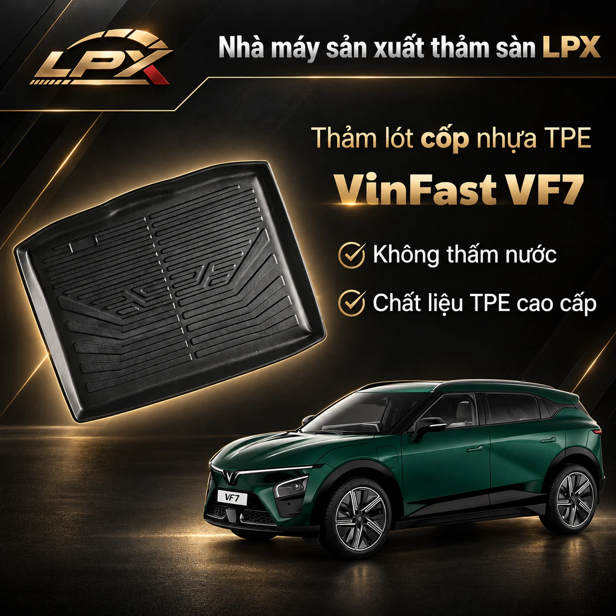 Thảm lót cốp ô tô TPE VinFast VF7 chính hãng LPX Thảm lót cốp ô tô nhựa TPE VinFast VF7 đúc 3D chống nước - LPX