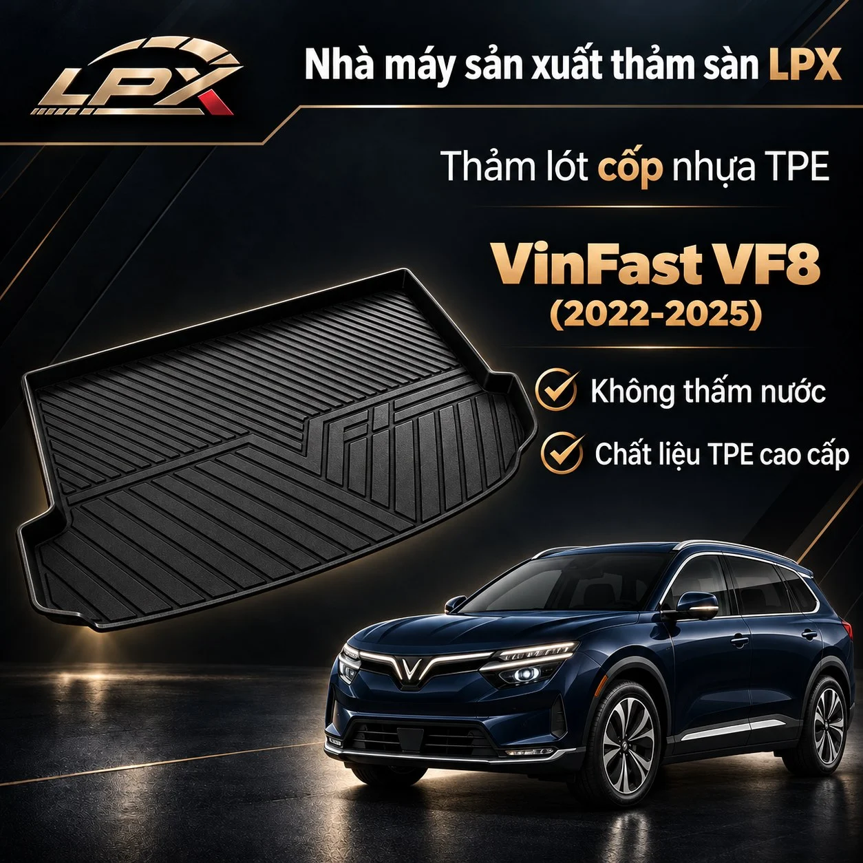 Thảm lót cốp ô tô nhựa TPE VinFast VF8 (2022-2025) đúc 3D chống nước - LPX