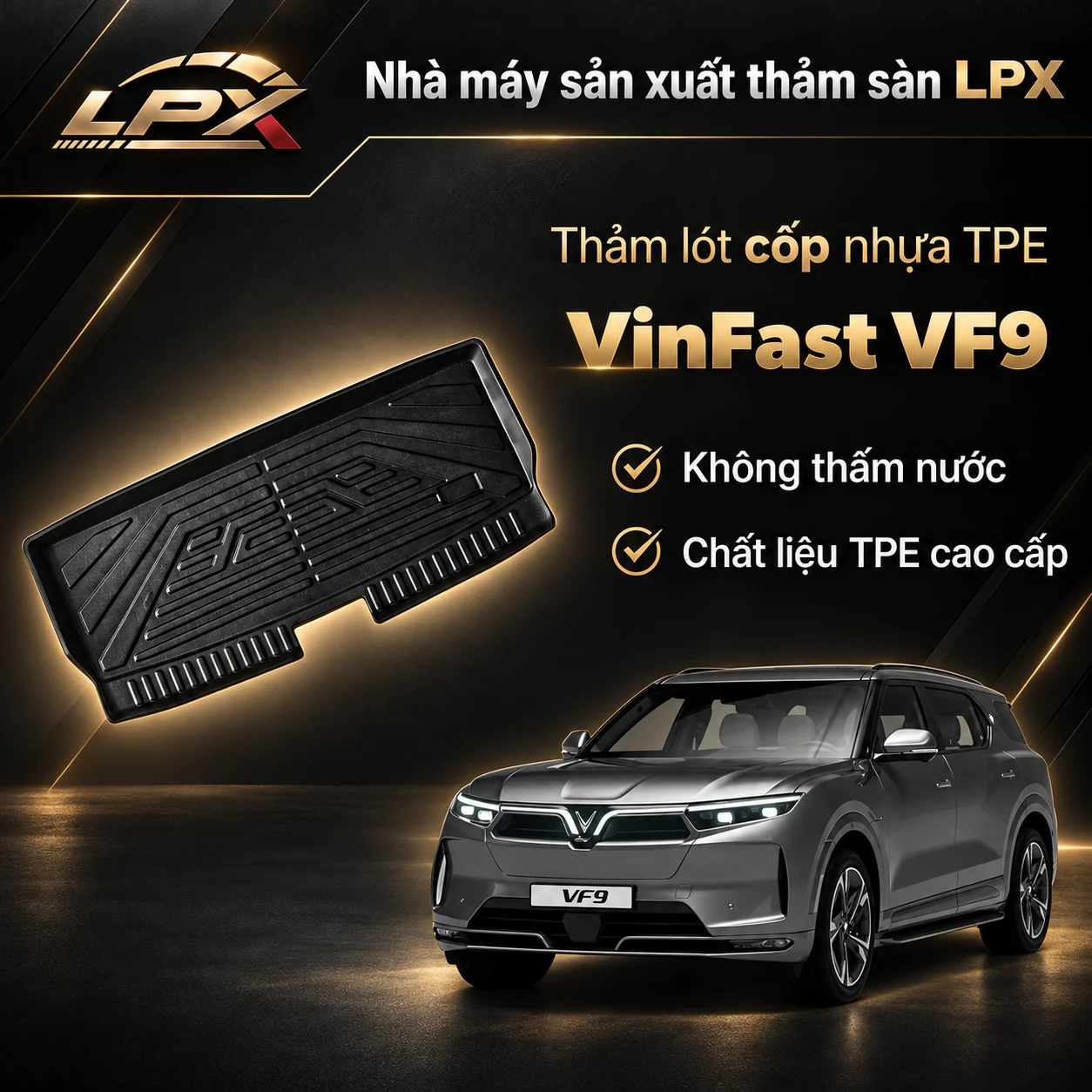 Thảm lót cốp ô tô TPE VinFast VF9 chính hãng LPX Thảm lót cốp ô tô nhựa TPE VinFast VF9 đúc 3D chống nước - LPX